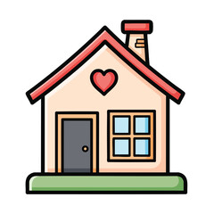 Cute cartoon house illustration with a red roof chimney and a heart symbol on the facade.