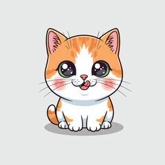 Cute cartoon ginger and white kitten sitting with big sparkly eyes and licking its lips.