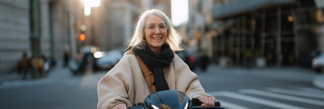Elderly caucasian female riding scooter in urban setting with joy
