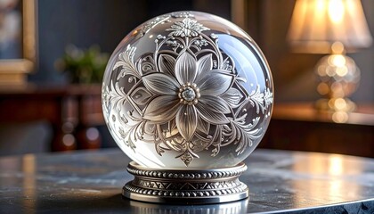 Engraved glass orb on metallic base in warm-lit room, symbolizing elegance and artistic craftsmanship.