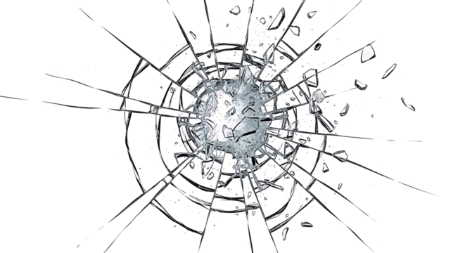 Shattered glass radiates outward from a central point of impact, creating a graphic design element.