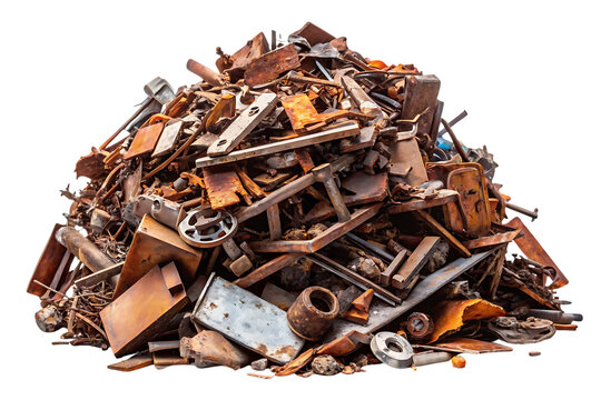 Large pile of rusty metal scrap including tools, pipes, machinery parts, and oxidized steel pieces, isolated on a transparent background