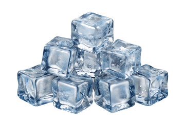 Group of clear translucent ice cubes stacked in small pyramid arrangement formation, isolated on a transparent background