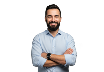 Smiling man with beard arms crossed isolated on transparent background