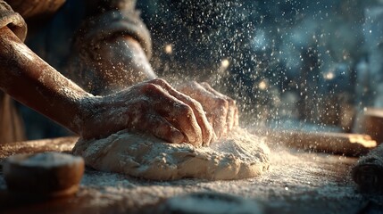Kneading Dough: Artisan Baker's Hands & Flour Explosion