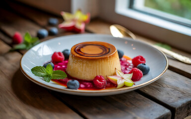 A photograph of a beautifully plated "Flan Mixto" dessert, resting on a rustic wooden table. The flan is golden brown with a delicate caramel swirl on top, and a vibrant layer of colorful fruit compot