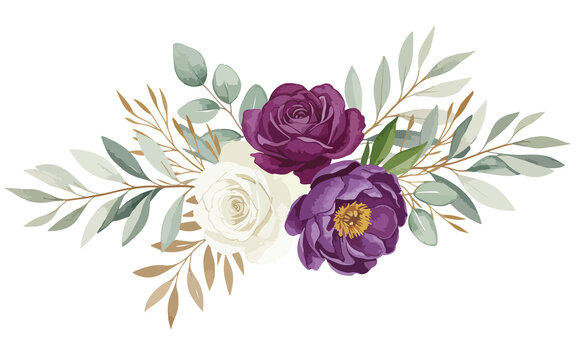 Elegant Floral Bouquet Purple and White Flowers Watercolor