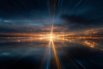 Abstract light streaks converge at horizon, creating a dynamic and futuristic effect with gold and blue tones.