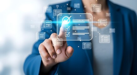 Fototapeta premium Business professional interacting with digital interface and task management in modern office setting