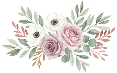 Elegant Watercolor Roses Anemones Floral Arrangement
