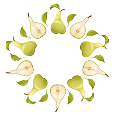 Obraz premium Pear frame. Round frame made of seasonal fruits. Wreath with whole and half pears. Concept of autumn, harvest, Vector on a white background.
