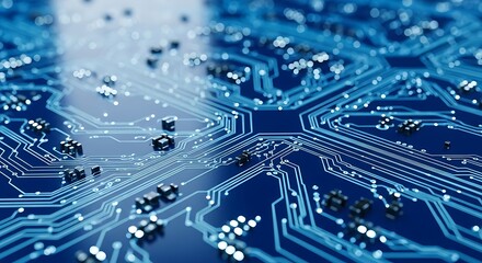 Closeup of a blue printed circuit board with glowing lights