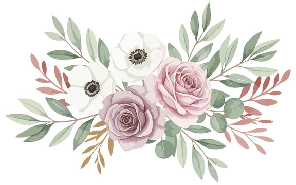 Elegant Watercolor Roses Anemones Floral Arrangement