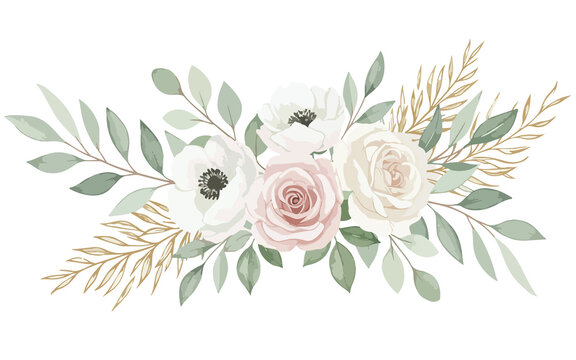 Elegant Watercolor Floral Arrangement with Roses Anemones and Leaves