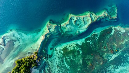 Aerial view of turquoise waters meeting sandy shores, revealing intricate patterns of land and submerged structures