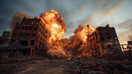 Abandoned structures engulfed in flames and smoke, creating a chaotic scene of destruction and devastation, showcasing powerful explosions and debris