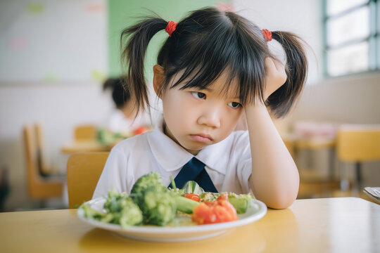 Reluctant diner: A young girl with pigtails sits at a school lunch table looking glumly at her plate of vegetables. Picky eating struggle.