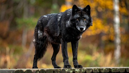 Black wolf on wooden bridge with autumn forest backdrop, symbolizing wild majesty and seasonal contrast.