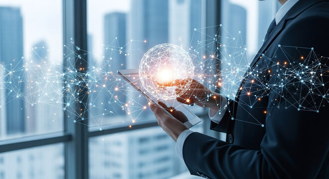 Business and technology innovation. Business person using tablet computer. Network structure and wire frame sphere. - Powered by Adobe