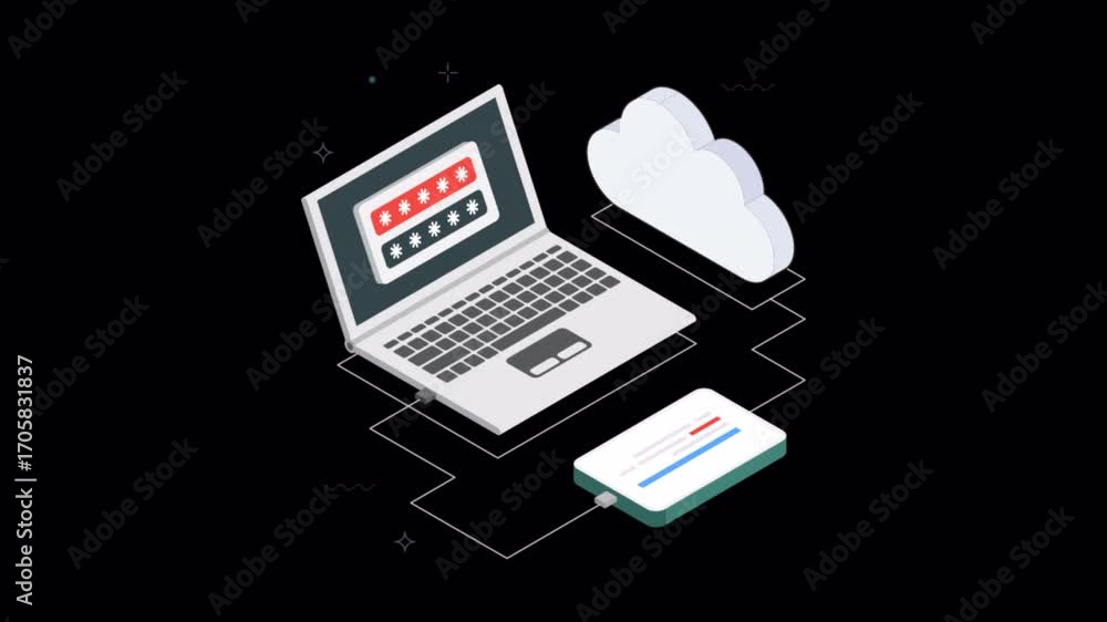 Poster laptop connecting to cloud storage isometric animation alpha channel