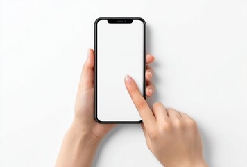 Hands hold a black smartphone with a blank white screen against a white background, with one finger pointing to the screen