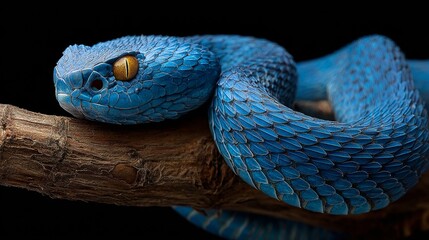 Fototapeta premium Blue snake elegantly coiled on a branch, highlighting its detailed scales and striking yellow eyes, creating a mesmerizing natural scene