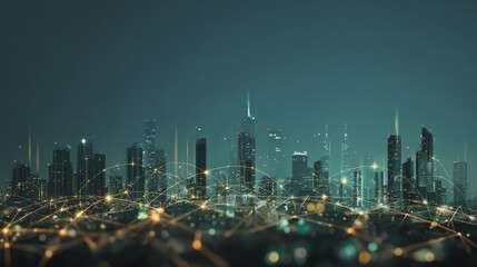 Fototapeta premium Twilight in the Smart digital Innovation city with connection network reciprocity over the cityscape. of future smart wireless digital city and social media networking systems that connects people