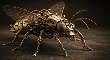 Intricate steampunk insect sculpture with gleaming brass gears and delicate wings, a marvel of mechanical artistry bringing fantasy to life with stunning detail.