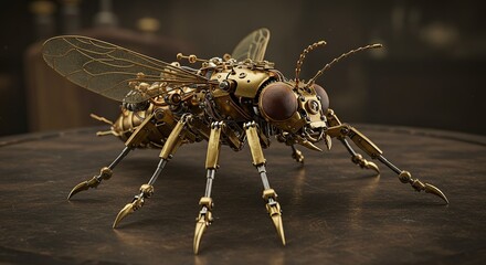 Intricate steampunk mechanical insect with brass gears, delicate wings, and detailed robotic legs, presented on a textured dark surface, evoking Victorian-era innovation and fantasy.
