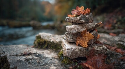 Fototapeta premium Stacked stones with leaves (1).