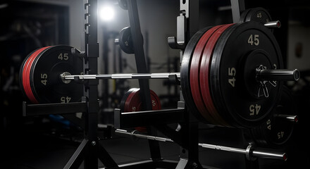 Fototapeta premium Weightlifting Barbell with Black and Red Plates in Dark Gym Setting