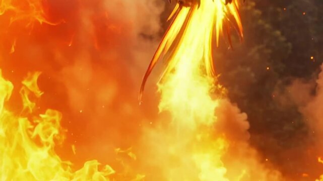 A mighty phoenix with glowing, fiery eyes spreads its massive wings, emerging triumphantly from a raging inferno, flames swirling around its radiant, mythical form.