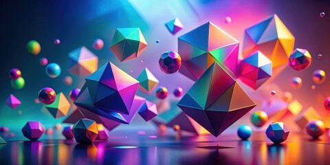 Vibrant iridescent geometric shapes float and reflect in a dynamic, abstract composition showcasing multifaceted forms and smooth surfaces.