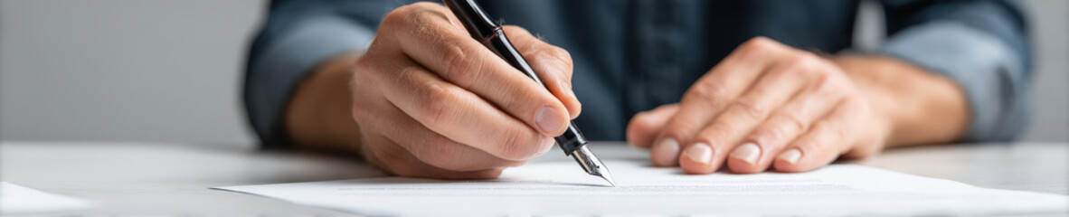 Writing with fountain pen on paper close up hand holding refillable bamboo ink pen eco concept