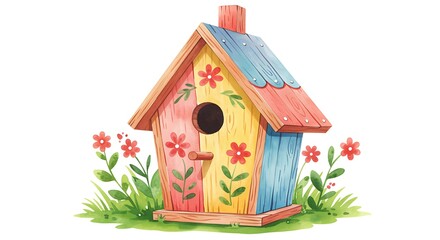 Colorful hand painted birdhouse with flowers and green grass