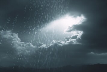 Dramatic cloudscape featuring heavy rainfall against a dark, ominous sky with a burst of light breaking through