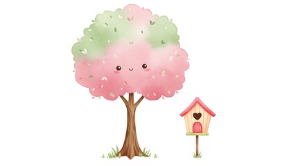 Cute cartoon tree with a birdhouse in spring