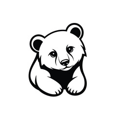 Simple black and white line art illustration of an adorable baby bear cub lying down.