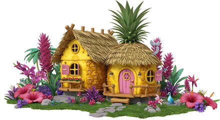 Whimsical tropical pineapple house with lush floral surroundings