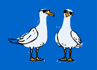 A trendy illustration of two cool seagulls wearing sunglasses. This modern art captures a fun, quirky moment, perfect for summer, vacation, or humorous projects