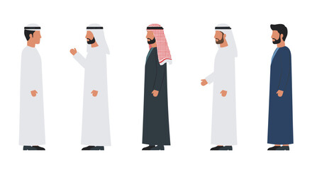 Diverse arab men in traditional clothing standing in a line