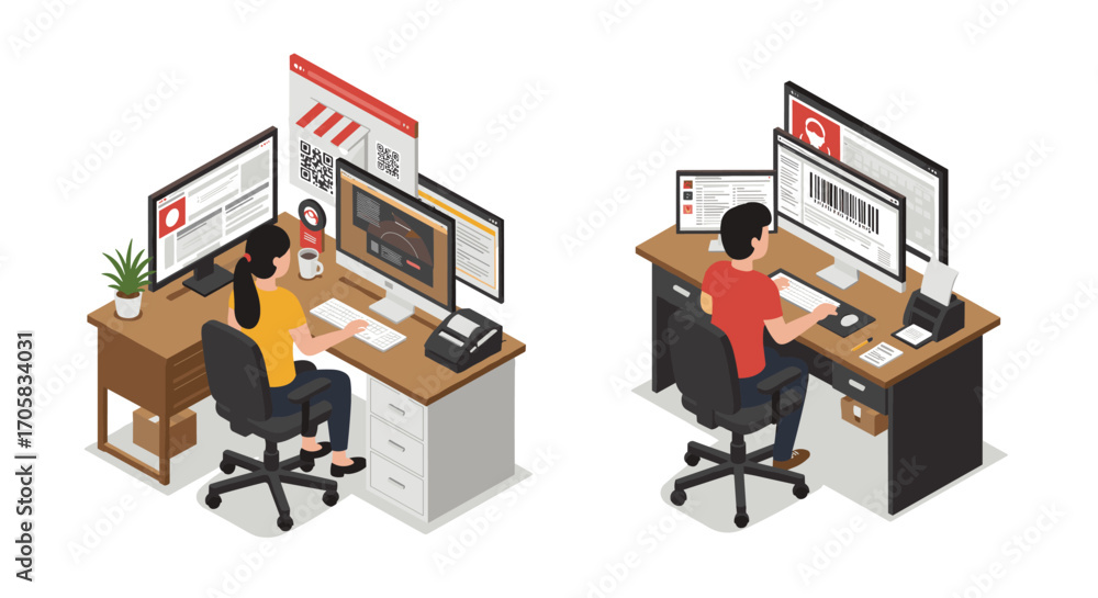 Poster isometric office setup with professionals at workstations using computers and monitors