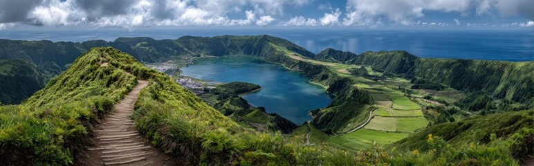 Breathtaking vista shows a path leading to an overlook of a lake nested in a valley surrounded by lush, green hills under a cloudy sky