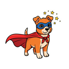 Smiling cartoon puppy dog superhero in a red cape and blue mask.