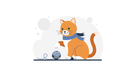 Fototapeta premium A Curious Kitten In Blue Scarf Plays With Yarn, Simple Modern Illustration