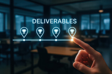 Ai developer workspace ai programmer deliverables concept with hand pointing glowing trophy icon office environment inspiring success