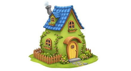 Whimsical green fairy tale cottage with blue roof and yellow door