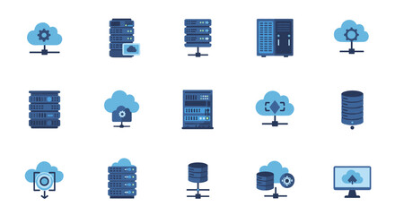 Blue themed technology icons featuring cloud and network equipment in a flat design