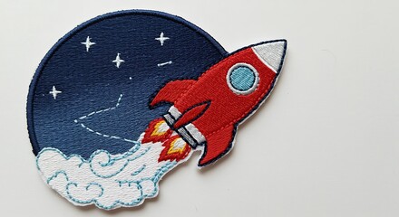 Red rocket blasting off into a starry night sky