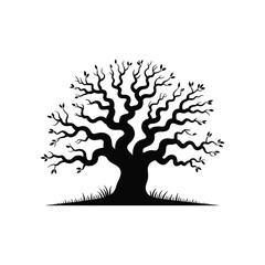 Majestic silhouette of an ancient oak tree with gnarly branches and lush green foliage